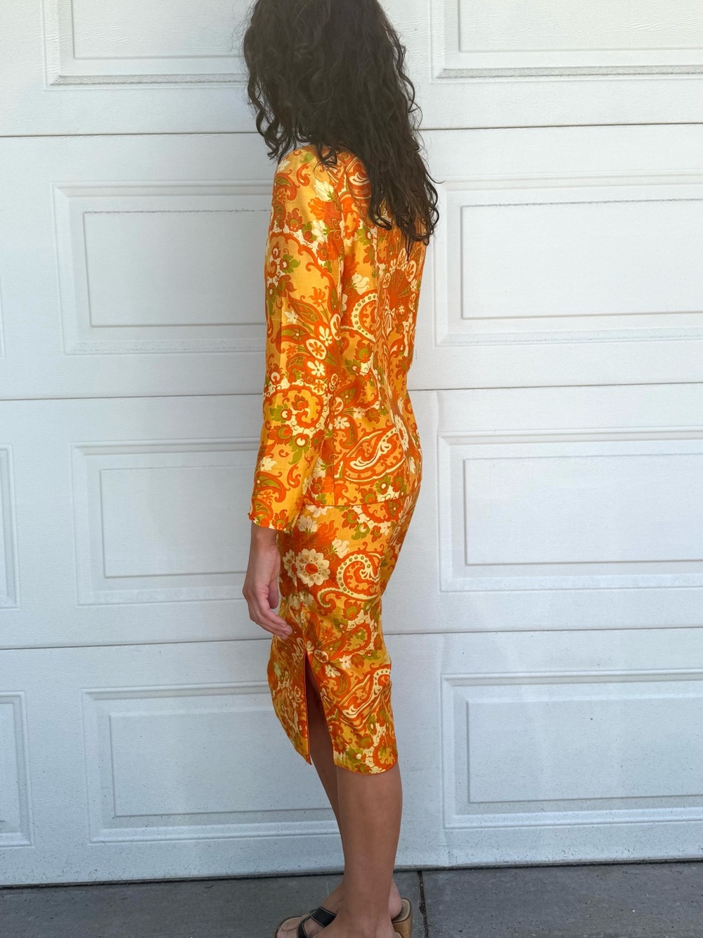 Vintage 60s Orange Raw Silk Floral Midi Dress Cheongsam with Jacket - Picture 11 of 17